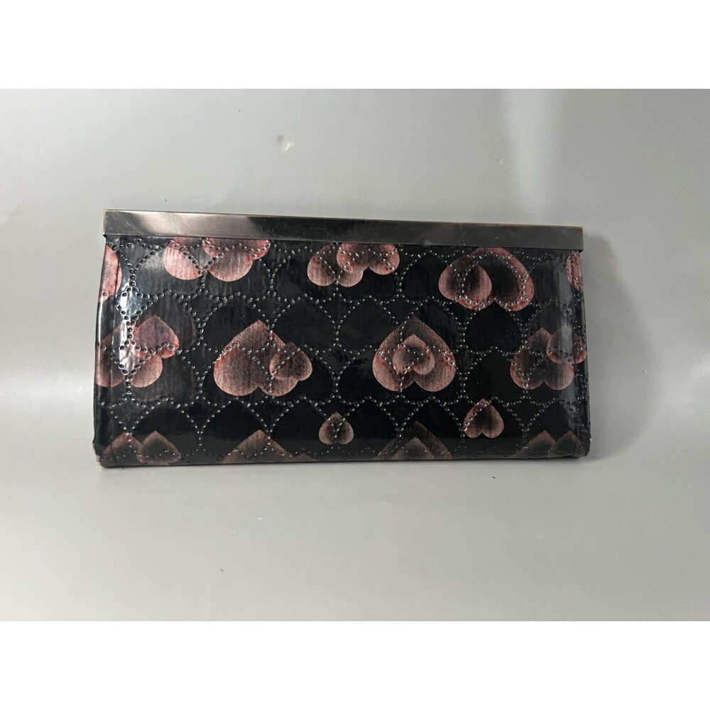 Heart Print Wallet Womens One Size Black Patent Long Clutch Card Holder Slots